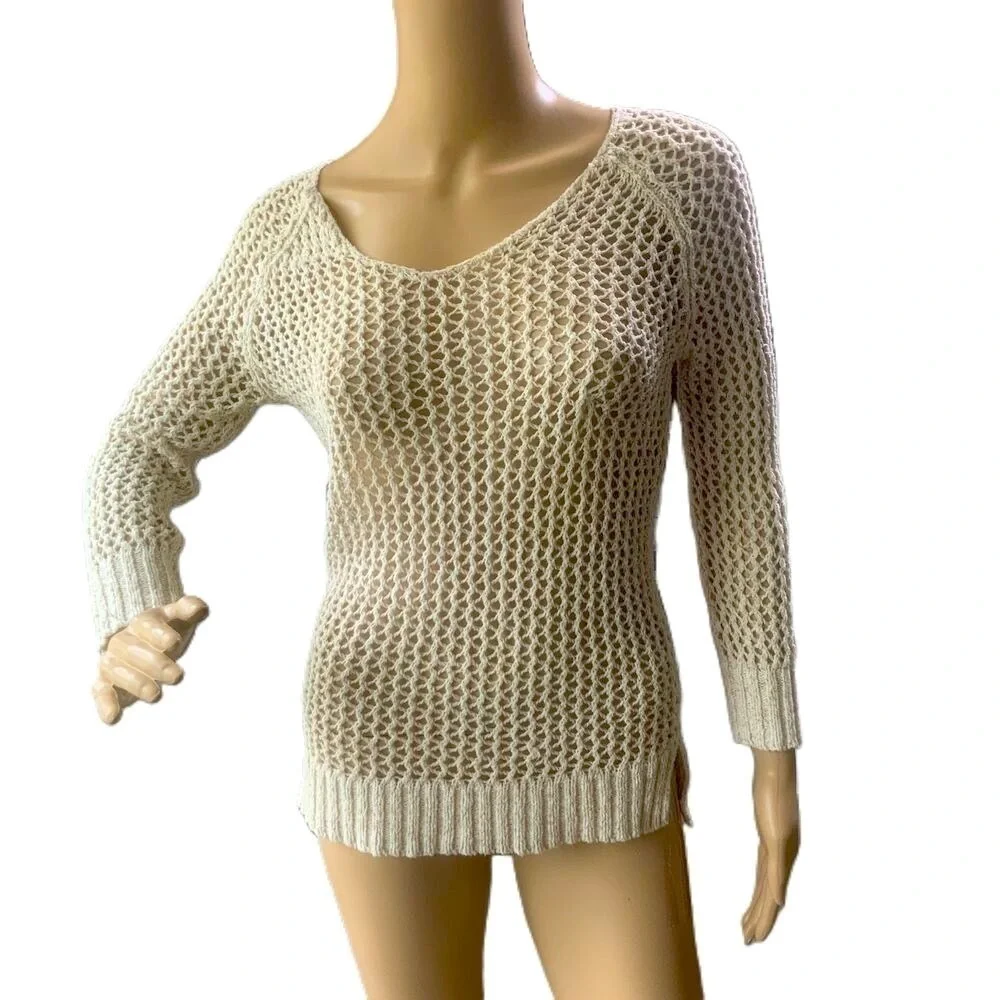 Lucky Brand‎ Beige Open-Knit Long Sleeve V-Neck Pullover Sweater Size XS